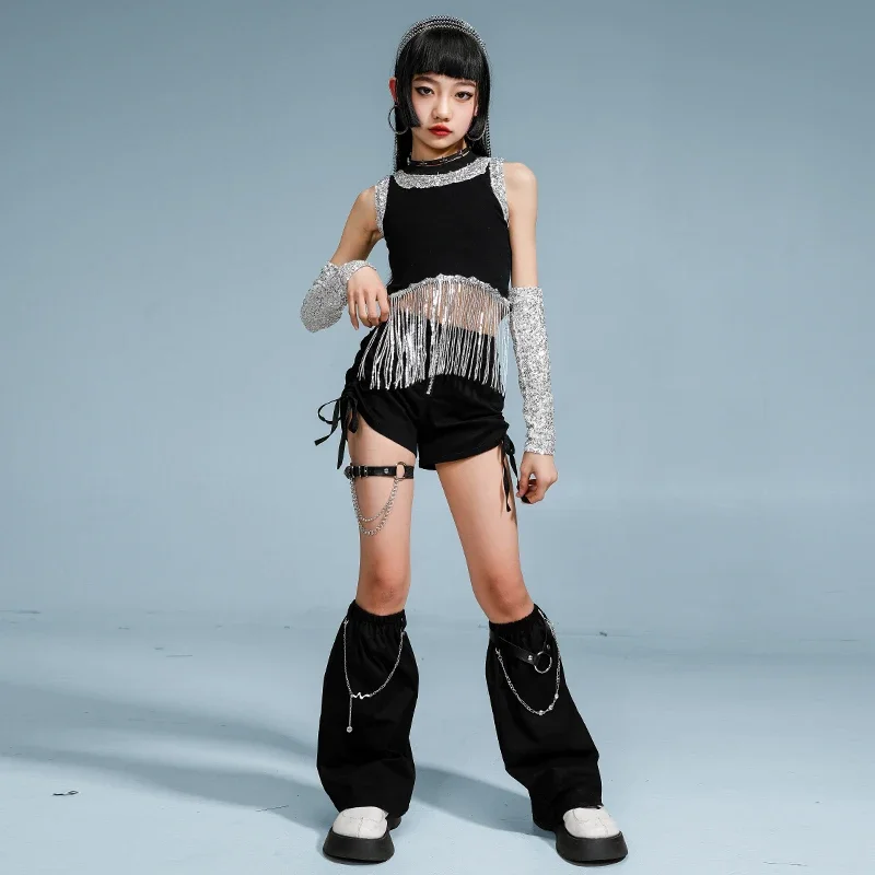 Hip Hop สาว Sequined Tassels Crop Tops ร้อนสั้น Street Dance กระโปรงเด็ก K-pop Streetwear เด็กแจ๊สเสื้อผ้าชุดเครื่องแต่งกาย