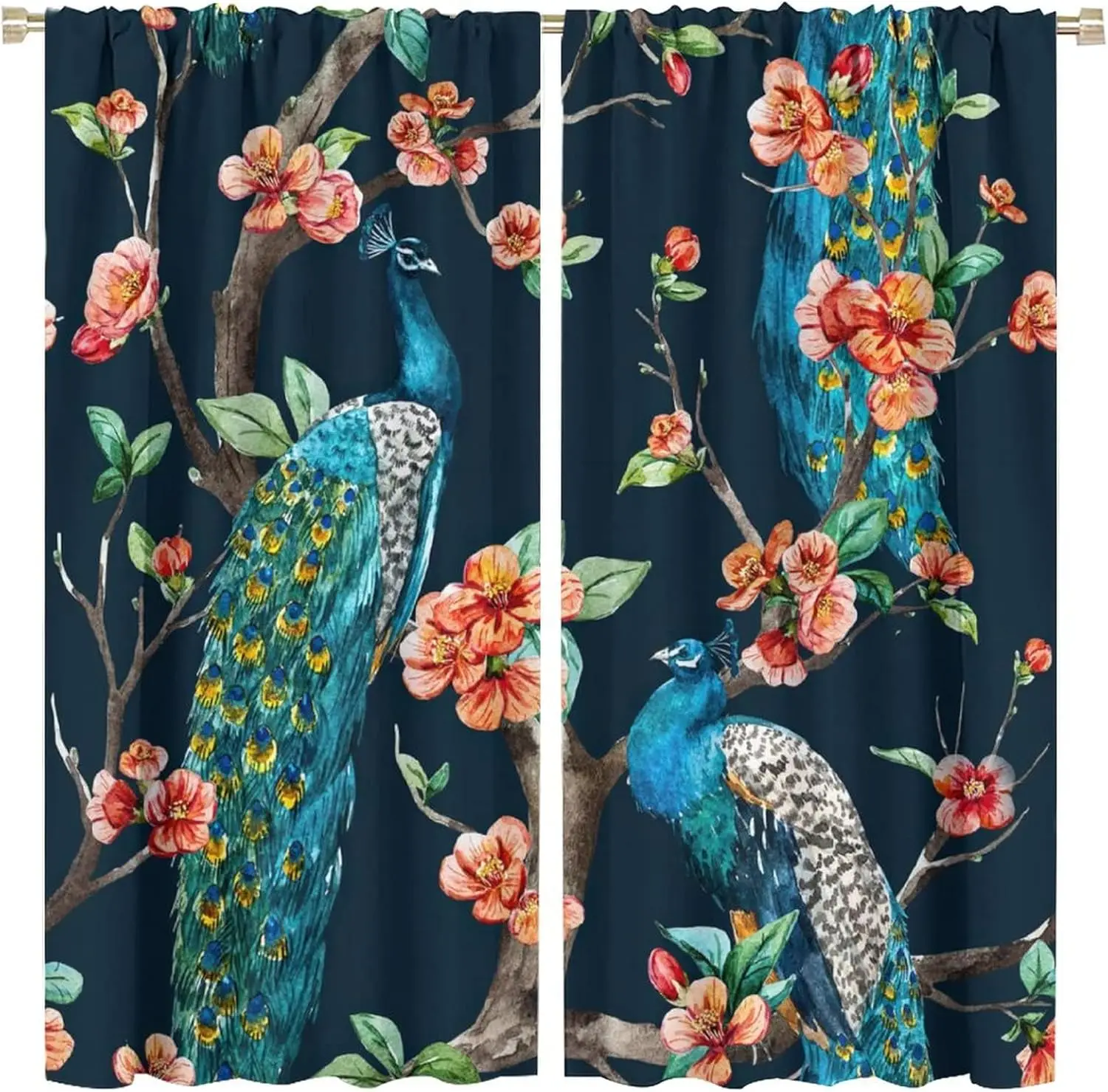 

Peacock Blackout Window Curtains,Vintage Watercolor Animal Peacock Flowers Print Rod Pocket Window Drapes for Living Room Bedroo
