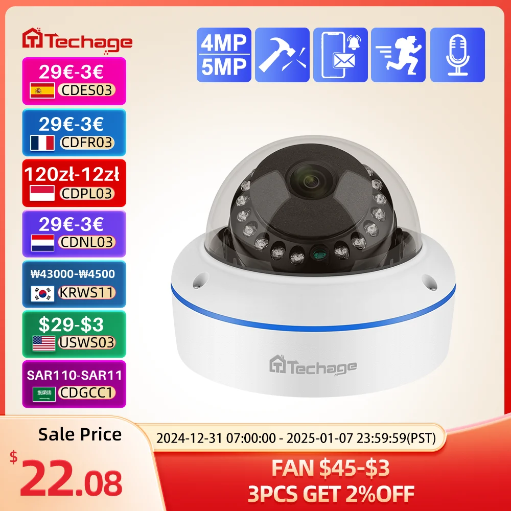 Techage 슈퍼 HD PoE IP 카메라, 돔형 실내 방폭 CCTV 카메라, 오디오 녹음, P2P 비디오 감시, 4MP 5MP