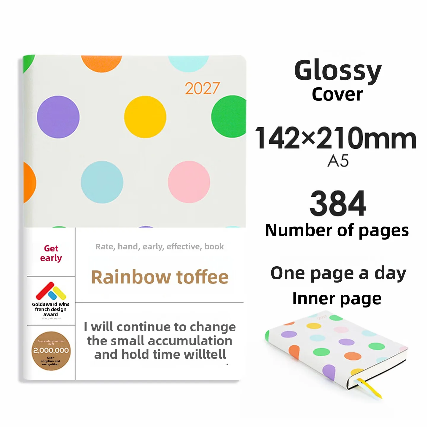 2027 A5 Daily Planner Notebook, 365 Days One Page Per Day, 392 Thick Pages, Rainbow Candy Cover for Work, Study and Scheduling