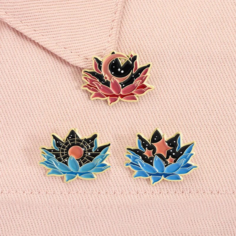 لوتس الهلال المينا دبابيس الأزهار السماوية ماجيك القمر الشمس ستار دبابيس التلبيب على ظهره شارة مجوهرات الأزياء هدايا للأصدقاء