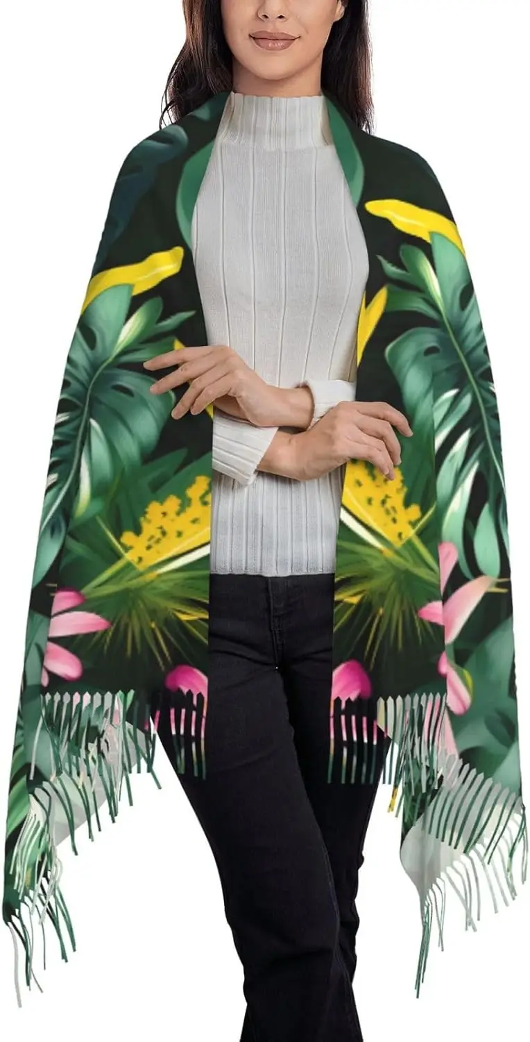 

Тропические листья с цветочным принтом, модный женский шарф, рождественский зимний шарф для женщин и мужчин, длинный шарф с кисточками, шаль