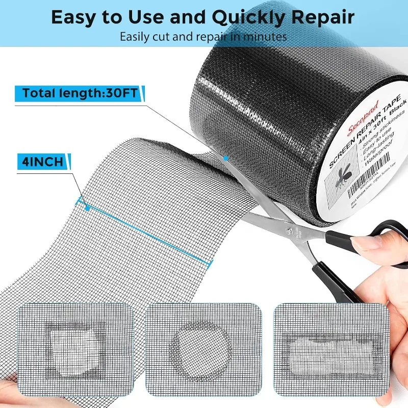 Black Window Screen Repair Kit, 4 in X 30 FT Screen Repair Tape for Windows or Doors, Strong Adhesive Fiberglass Mesh Patch Tape