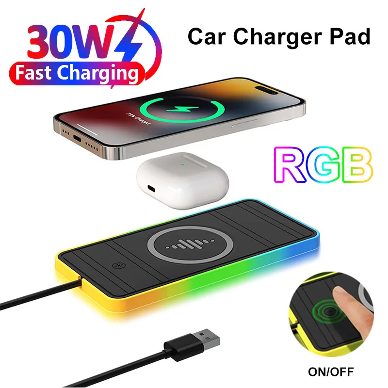 

Нескользящее автомобильное беспроводное зарядное устройство 30 Вт, держатель для телефона, RGB-подсветка для iPhone 16-12 Pro Max AirPods Pro 2, Samsung Xiaomi, быстрая зарядка