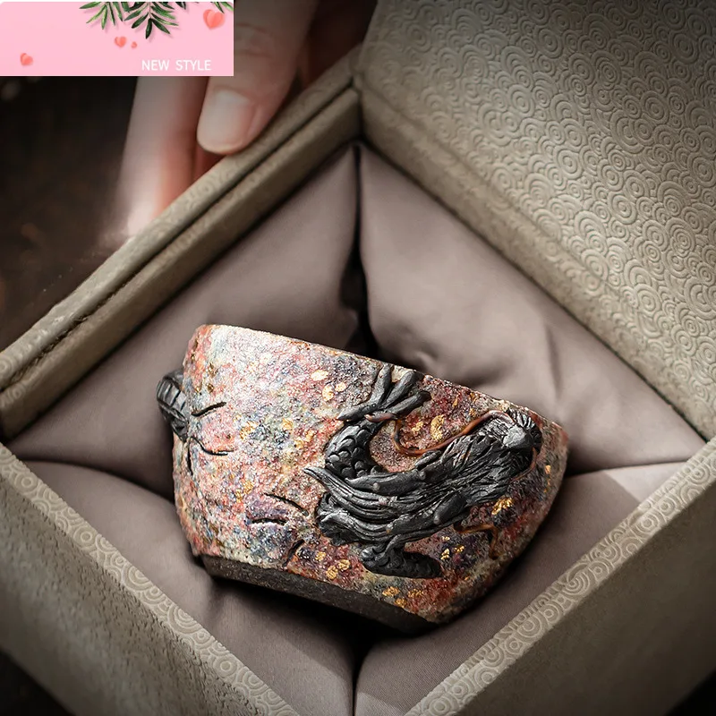 

120 мл керамическая чашка ручной работы с узором дракона, чашка Rock Mine Master, золотая указывающая личный чай Nowl Jianzhan, посуда для напитков, подарочная коробка