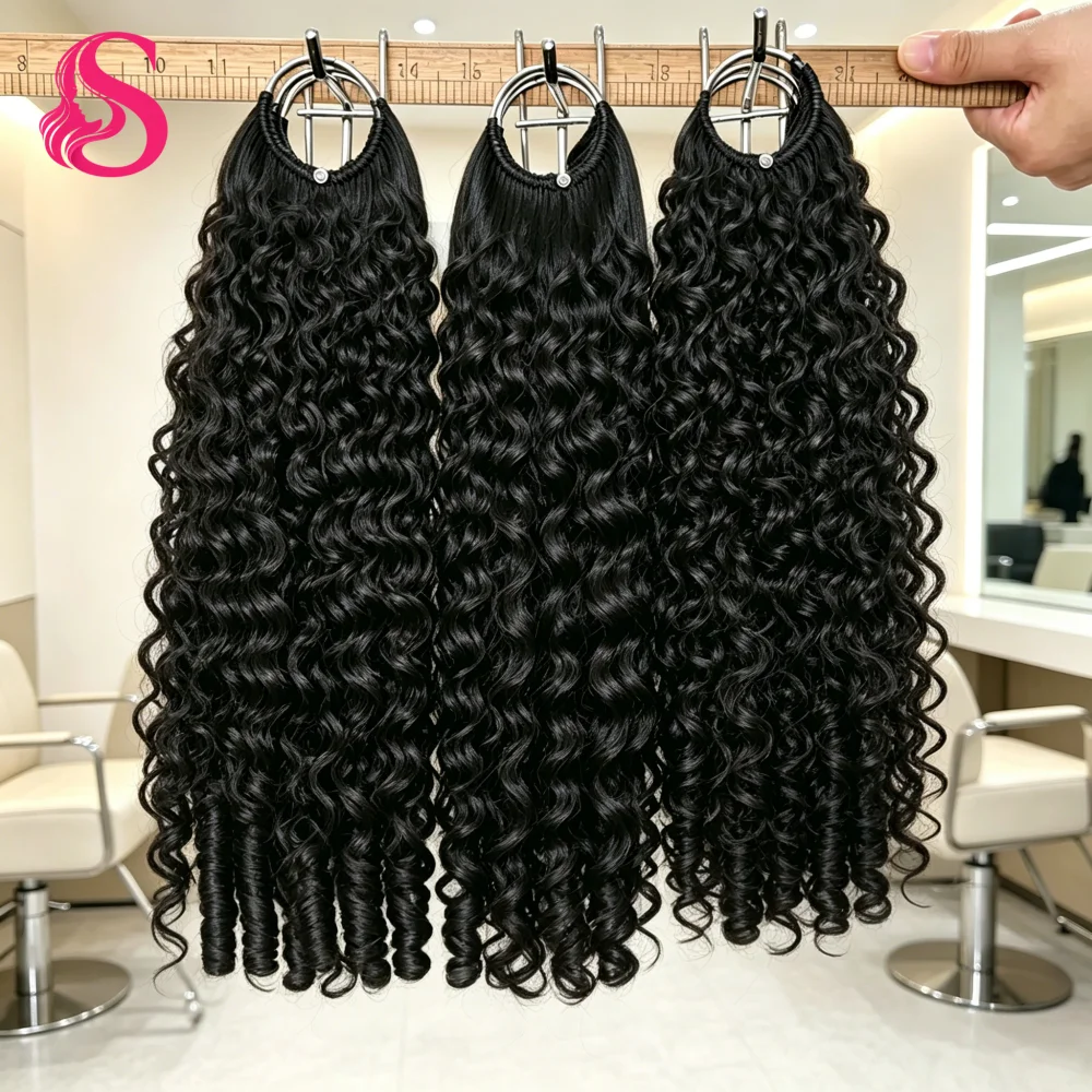 Smilegirl Burmese Curly Feather Crochet Human Hair Extensions Real Human Hair Pre-Separated Invisible Knotless Natural Black Lightweight Reusable Boho Crochet Braids Hair Bundles