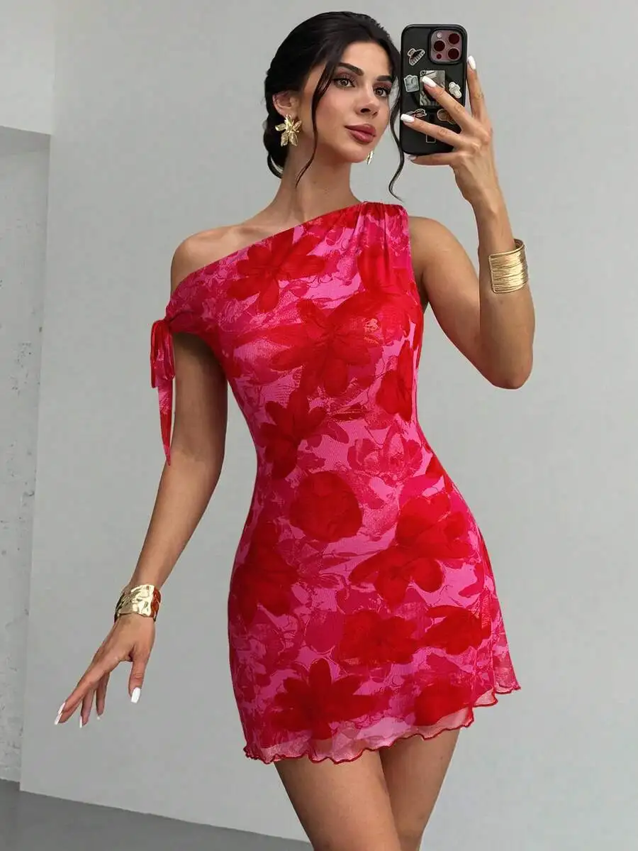 

Women's Red Floral Asymmetrical Shoulder Mini Dress, Mesh Overlay, Vacation & Party Wear