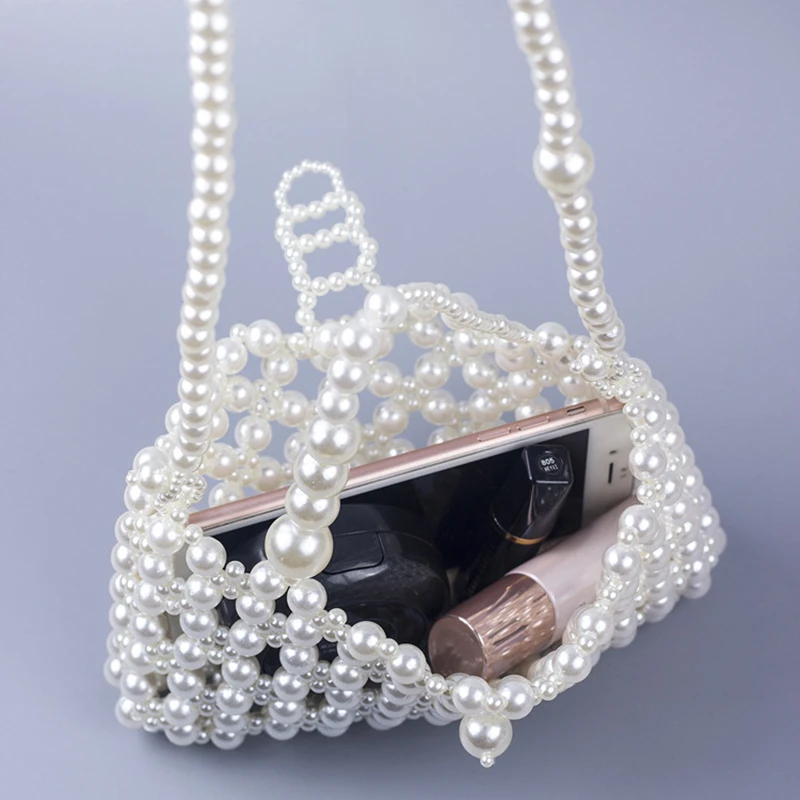 2022 Spring New Pearl Hollow Clear Bags for Women Hand-beaded Woven Clear Purses Handbags All-match Mobile Phone Women\'s Bag