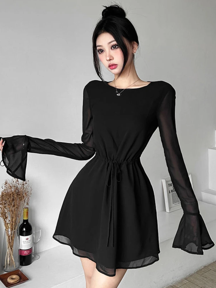 HOUZHOU Backless Black Dress Women Elegant Back Hollow Out Lace-up Long Sleeve Mesh Sheer Sexy A-line Mini Dress Evening Party