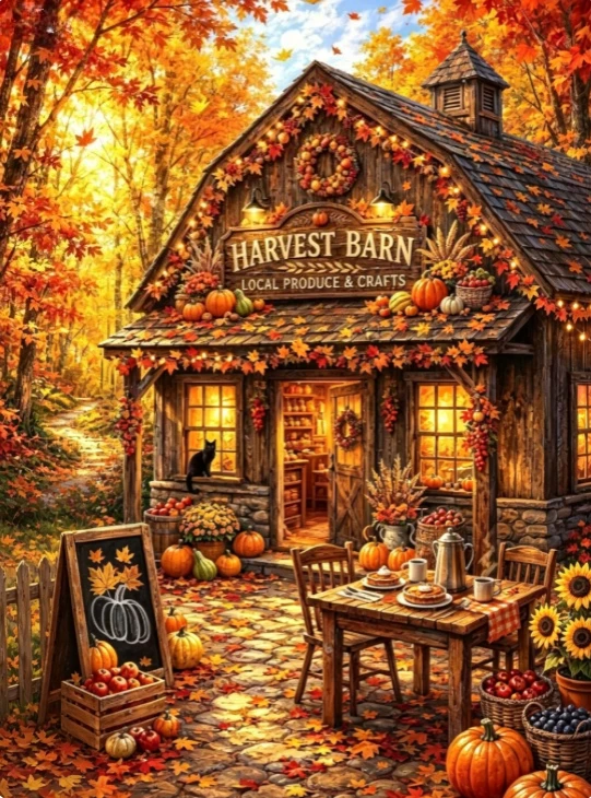 500/1000/1200/2000PCS Jigsaw Puzzle Rustic Harvest Barn Shop Autumn Foliage Pumpkins Farm Fresh Produce Landscape Decor Gift