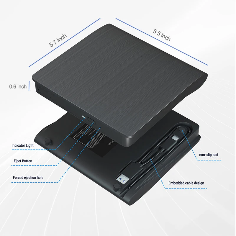 외부 CD/DVD 드라이브 USB3.0 Type-C 노트북용 휴대용 광학 드라이브 데스크탑용 CD/DVD 버너 리더 Windows Linux OS MacBook