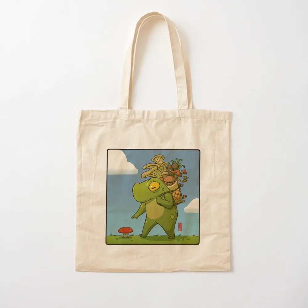 cute frog mushroom picker art with background Tote Bag