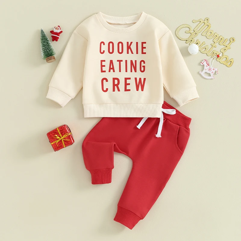 

Baby Boys Pants Sets Long Sleeve Crew Neck Letters Print Sweatshirt with Elastic Waist Sweatpants Christmas Clothes