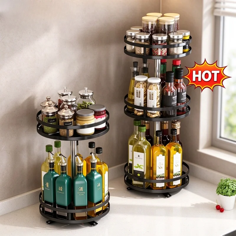 Tiered Rotating Spice Organizer 360° Turntable Storage Rack for Kitchen Counter Condiment Seasoning Bottle Jar Holder