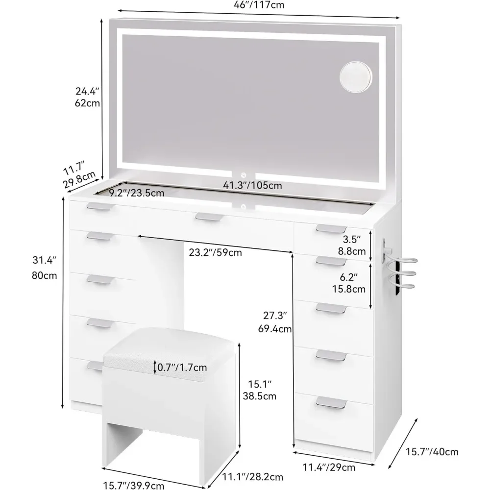 Vanity Desk Set with Large LED Lighted Mirror & Power Outlet, Glass Top Vanity with 11 Drawers and Magnifying Glass, 46