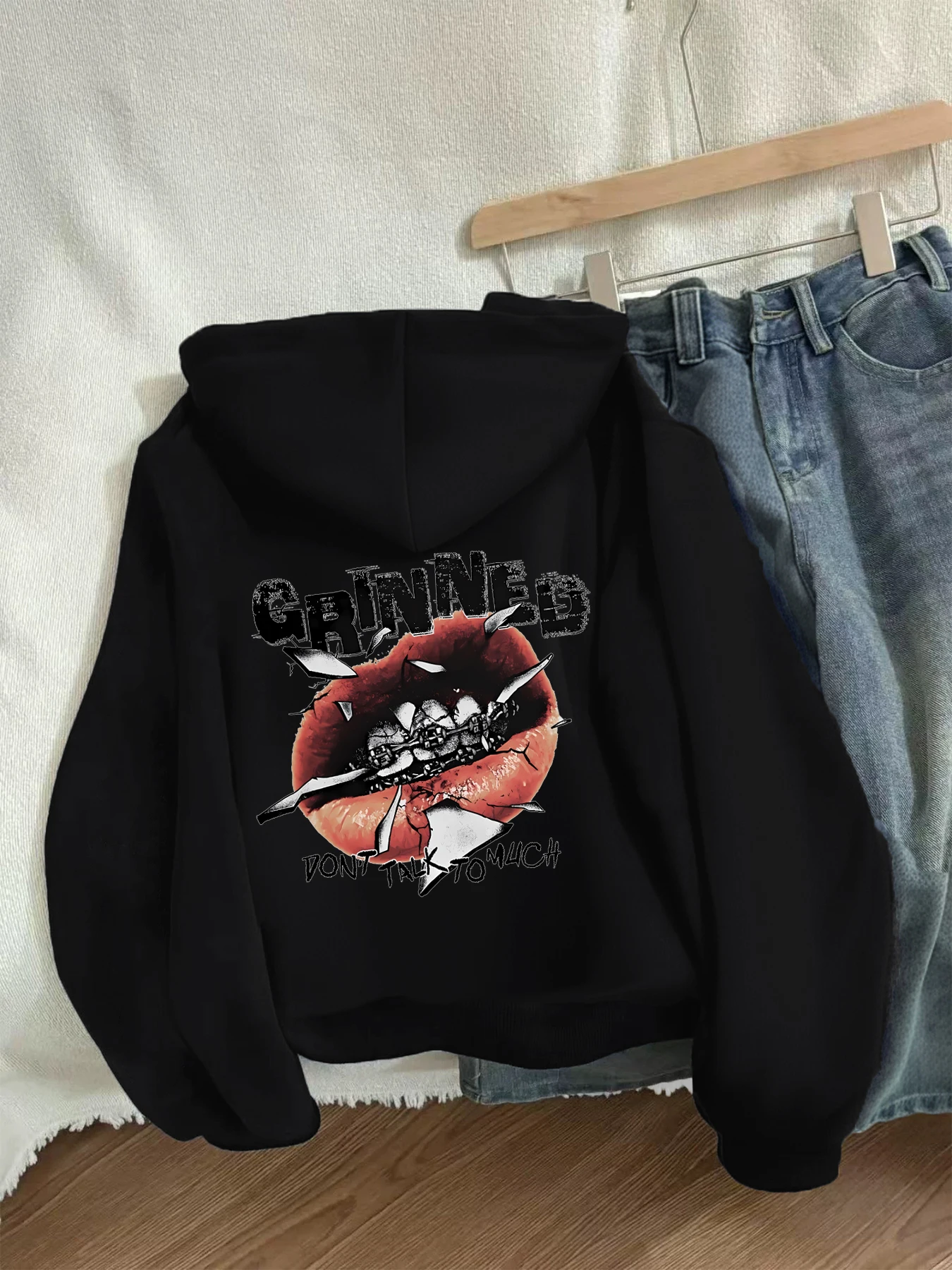 Winter Y2k Gothic print thick heavy velvet black hooded zipper jacket slim temperament women's jacket casual lazy commuter style