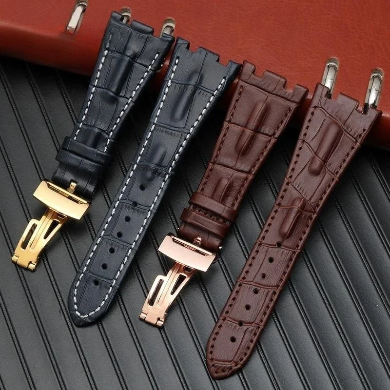 28mm Cow Leather Watch Strap for 15710 15703 15706 26470 26170 26133 Sweatproof Folding Buckle Strap Men Bracelet Replacement