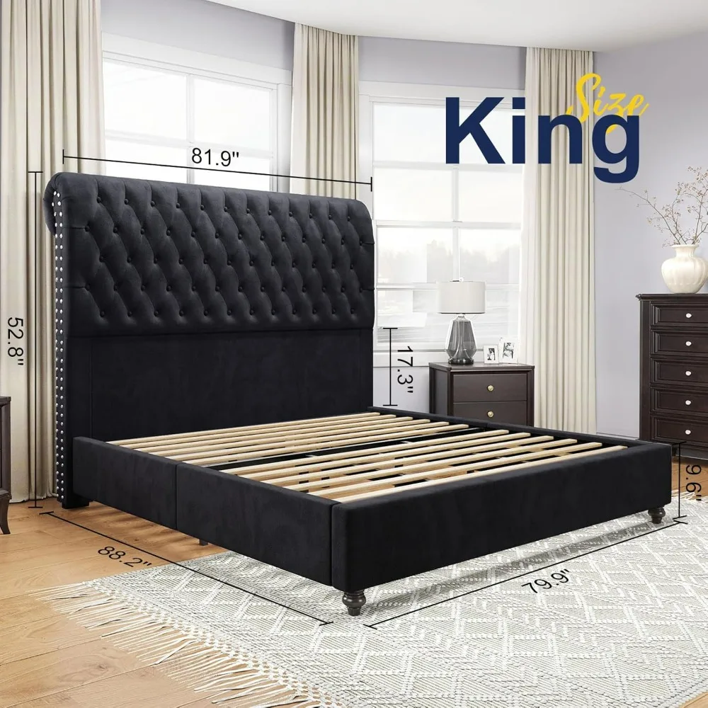 Bed Frame Bedroom Furniture, Velvet Tall Headboard Bed Frame with Button Tufted Sleigh Headboard, No Box Spring Needed, Bed