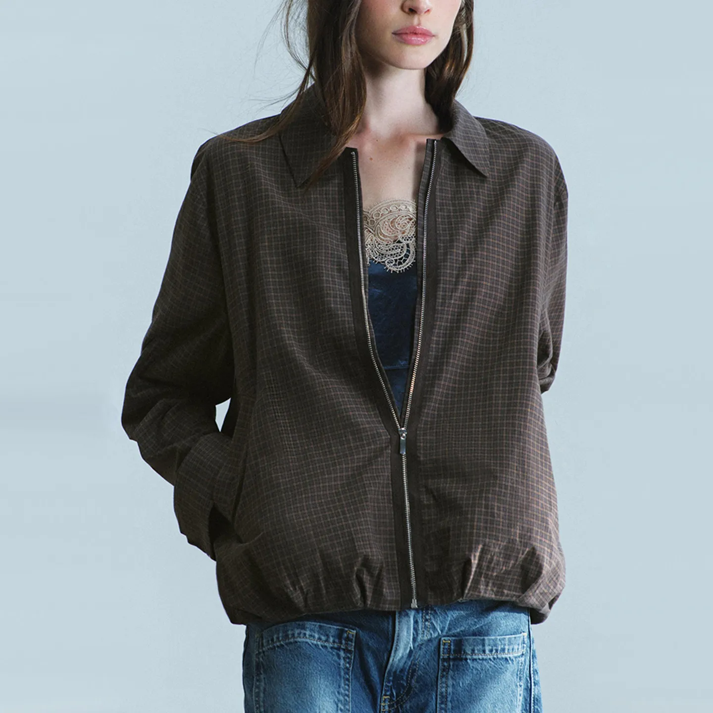 Women's Casual Style Plaid Pilot Jacket Long Sleeve Turn-down Collar Outerwear Autumn Collection Zadata Loose Fit Zipper Closure