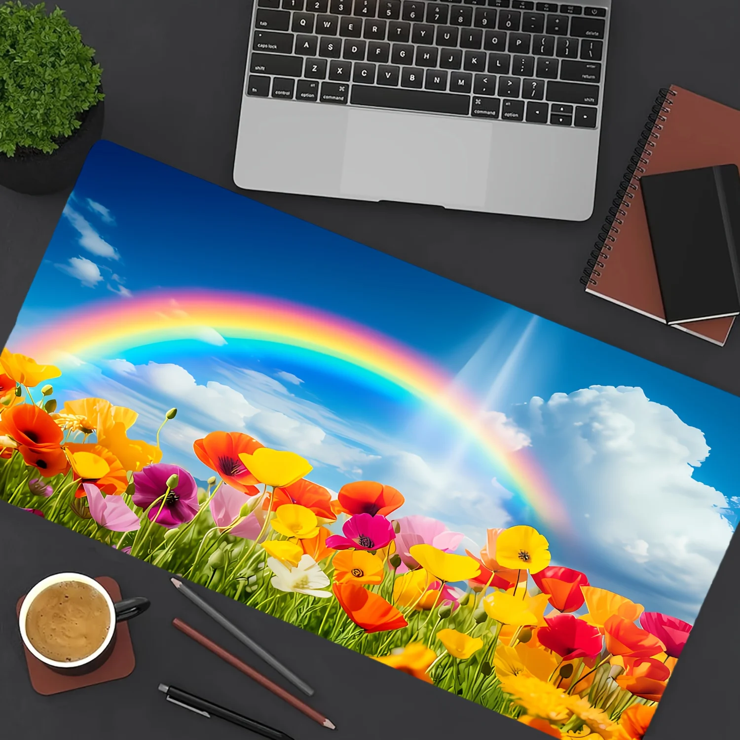 قطعة واحدة من لوحة ماوس كبيرة ممتدة بتصميم قوس قزح وزهور - حصيرة مكتب مطاطية مقاومة للماء مع حواف مخيطة، قاعدة غير قابلة للانزلاق لـ