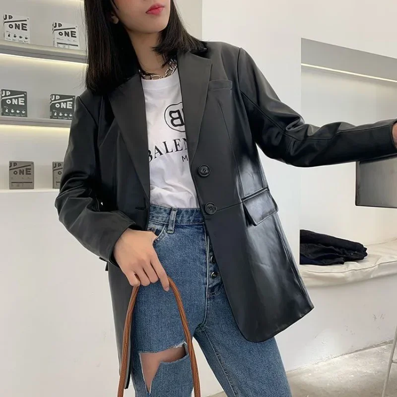 2025 Spring And Autumn New Sheepskin Leather Long Trench Coat   Suit Jacket Woman