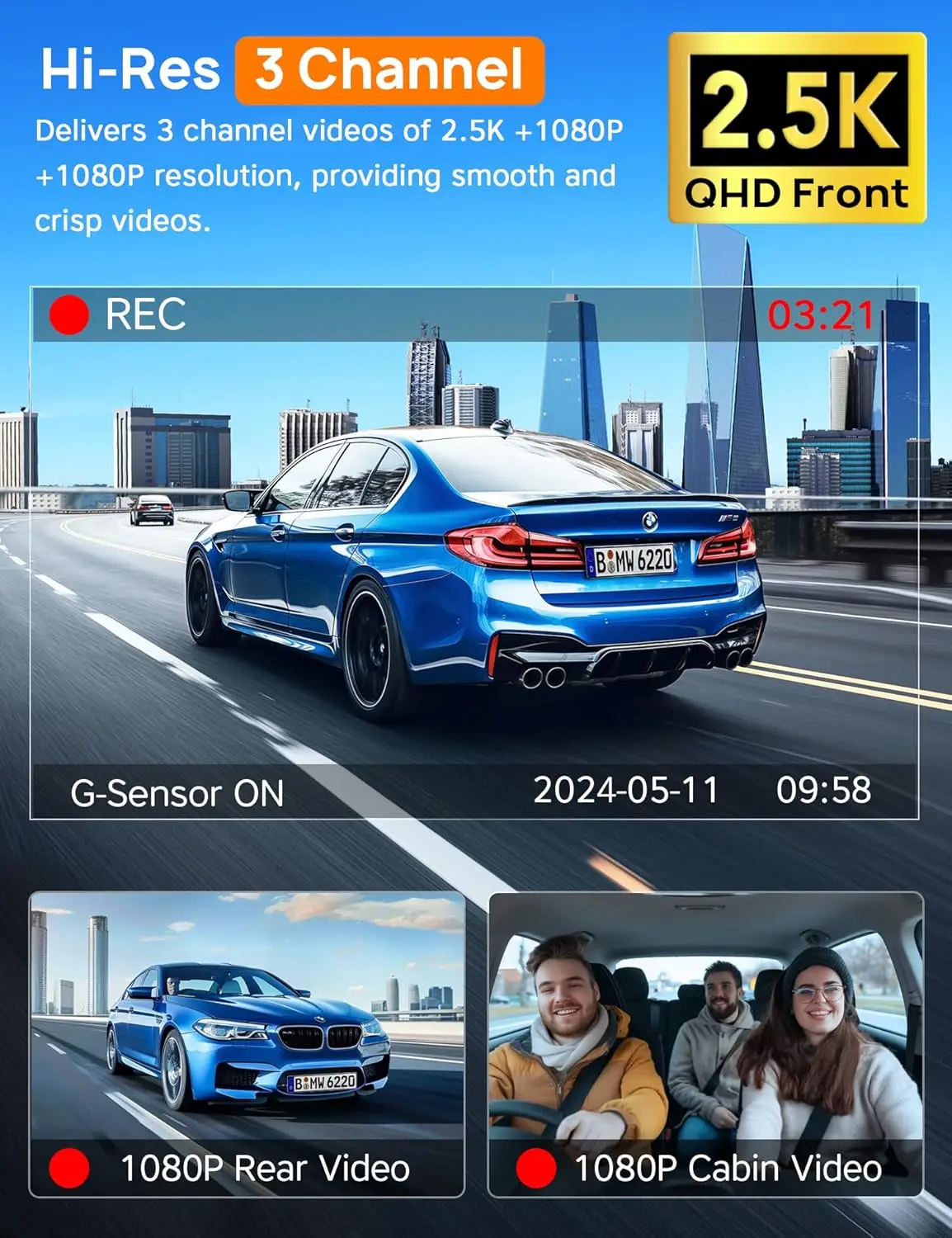 3 Channel WiFi Dash Cam Front and Rear Inside, 4K+1080P Dash Camera for Cars Front and Rear, Front and Inside, 2.5K+1080P+1080P