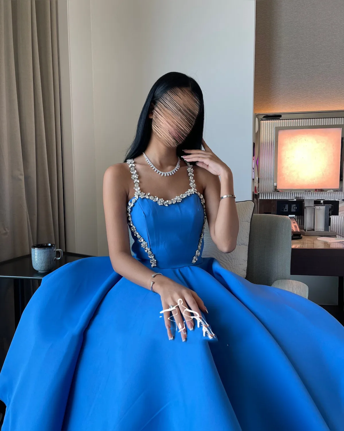 

Saudi Arabia Spaghetti Blue Prom Dresses Aline Tea Leagth Party Evening Dress Lace Back Cocktail Gowns Cute Style with Diamond