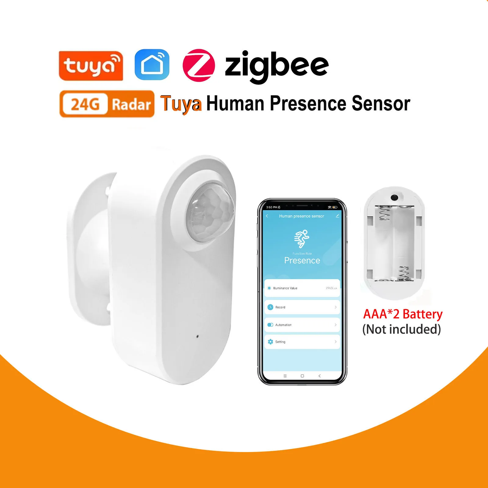 

Датчик присутствия человека Tuya Zigbee 24G MmWave Радар + PIR, обнаружение яркости Используйте поддержку батареи Zigbee2mqtt Домашний помощник