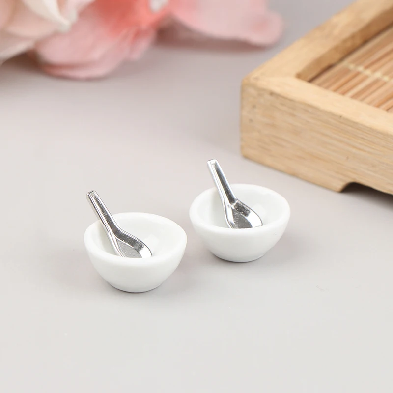 4pcs/set 1:12 Dollhouse Miniature Mini Ceramic Bowl Soup Spoon Model Toys