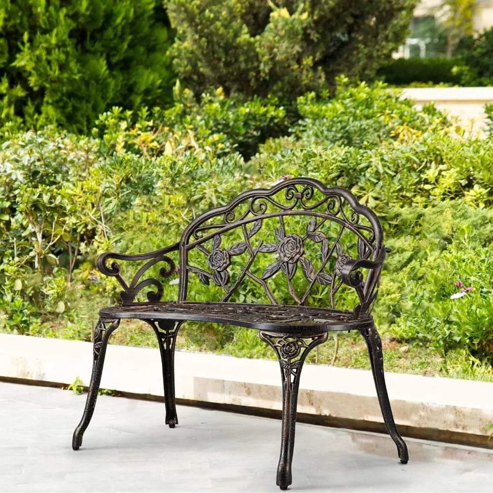 Patio Garden Bench Park Bench Outdoor Benches, Aluminium Patio Yard Bench for Outdoor Porch, Lawn, Balcony, Backyard, Bronze