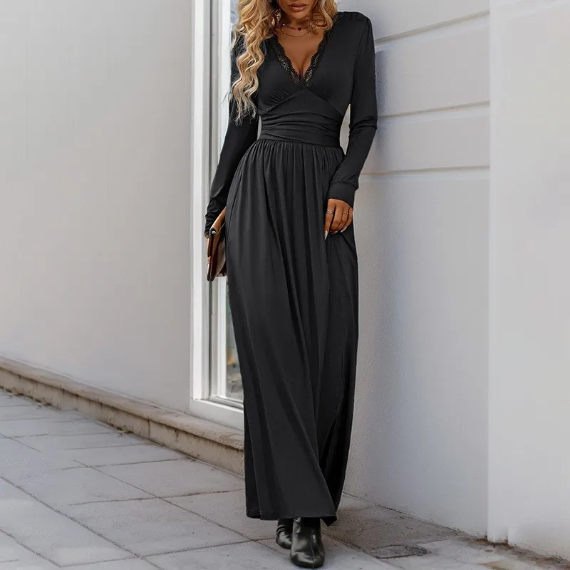 Elegant Party Dress V Neck Wedding Guest Dresses High Waist A Line Evening Dress Side Slit Maxi Long Sleeve Lace Trim Floor