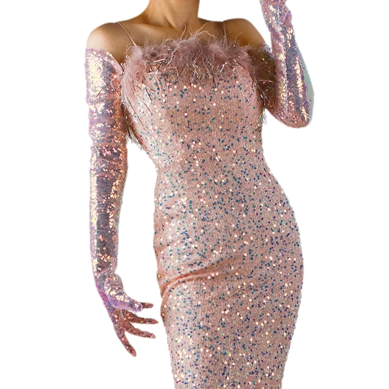 Women Bride Long Sleeve Gloves Nightclub Theme Party Gloves Dancing Party Full Finger Gloves Shinning Sequins Mitten 57BD