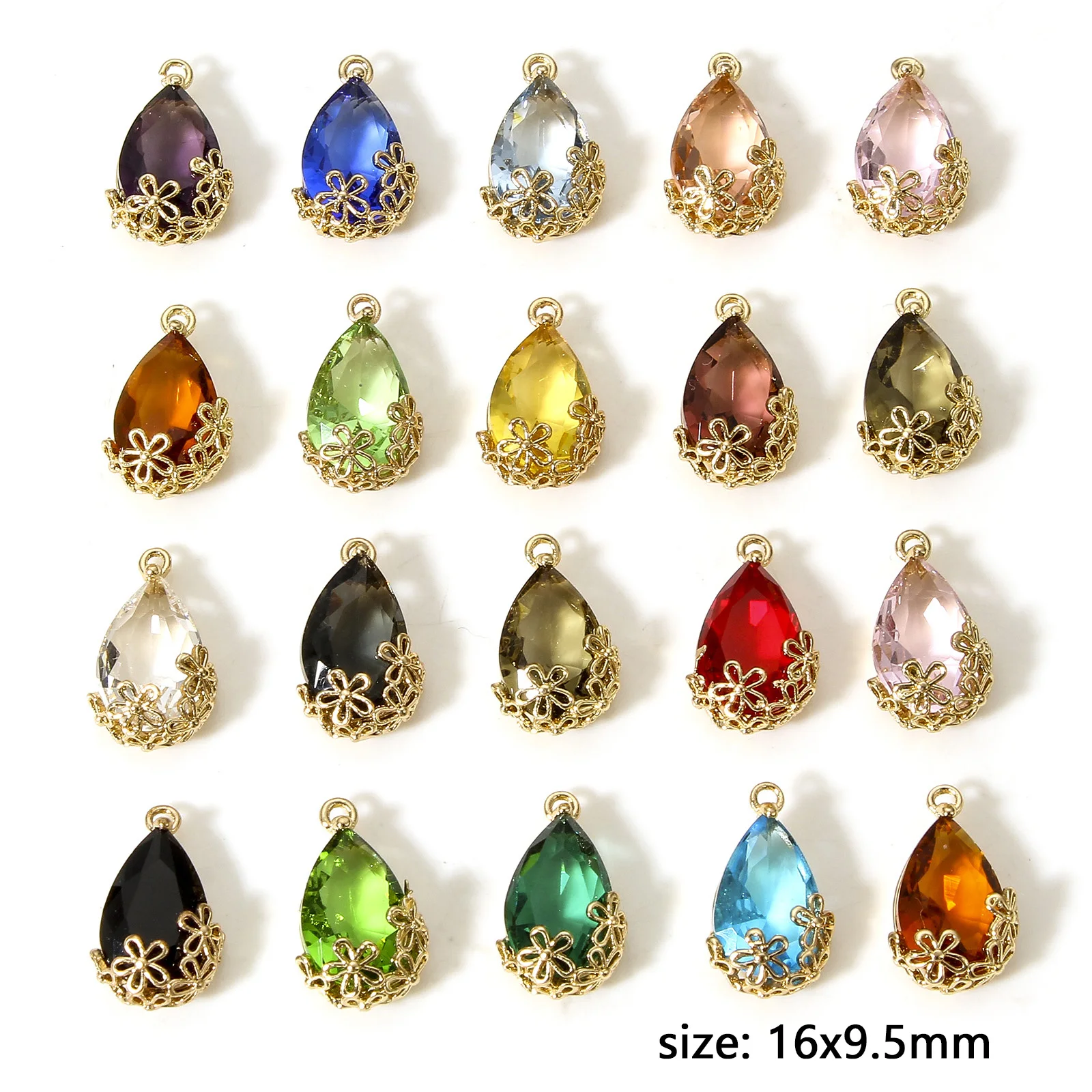 5PCs Drop Crystal Zircon Charms KC Gold Color Copper Flower Base Glass Pendants For Necklace Earring Jewelry Making Diy 16x9.5mm