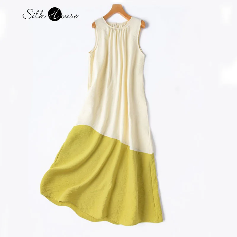

2025 Summer New Artistic Elegant Cool Contrasting 76% Natural Mulberry Silk Dry Silk Round Neck Women's Casual Vest Dress