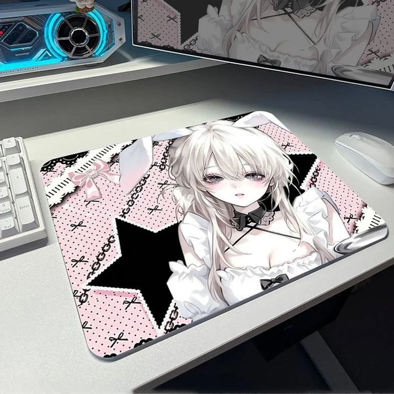 Y2k Sweet Cool Anime Polka Dot Girl Tempered Glass Gaming Mouse Pad Frosted Surface For FPS Office Desktop Custom Mat Accessory