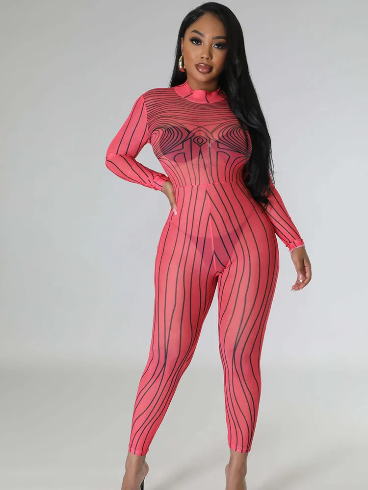 Sexy Striped Printing Bodycon Rompers Womens Jumpsuit Nightclub Party Birthday Outfits Sheer Mesh Long Sleeve One Piece Overalls