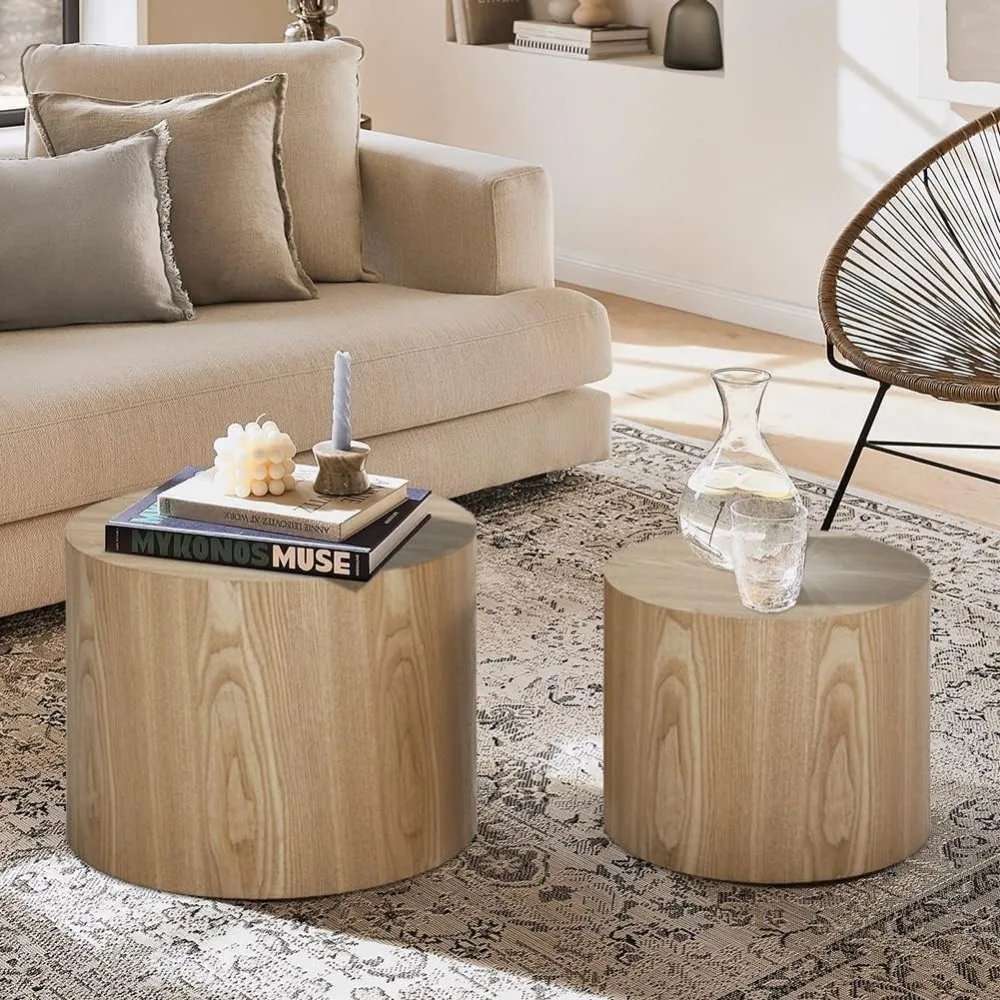 Pair of Round Coffee Tables: Wooden Nesting and End Table Set, Small Circle Drum Side Tables for Living Room and Office Use