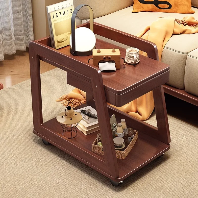 Movable Side Table Solid Wood Wheeled Coffee Table Simple Bedside Trolley Household Living Room Sofa Side Cabinet Tea Cabinet