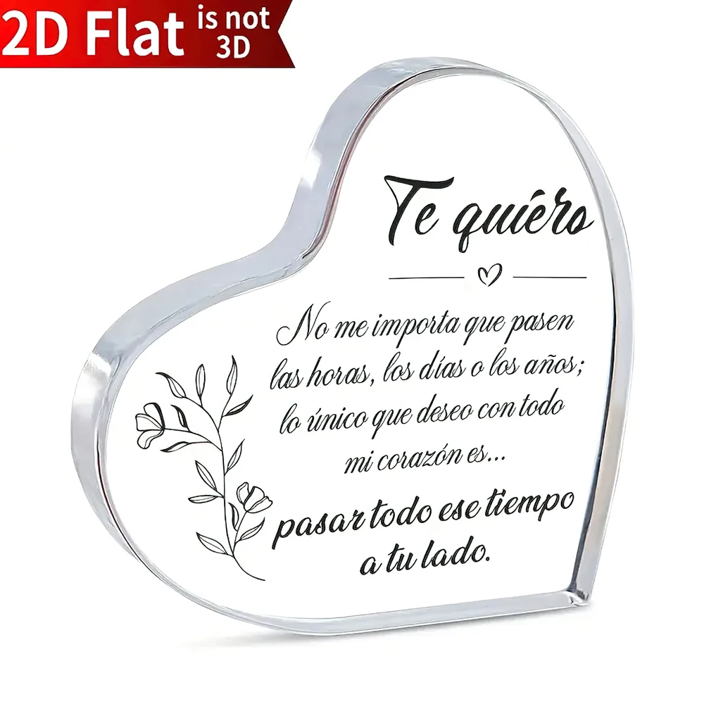 Placa acrílica plana 2D, 1 pieza en forma de corazón con cita romántica en español - "Te Quiero" - Regalo perfecto para parejas, novio