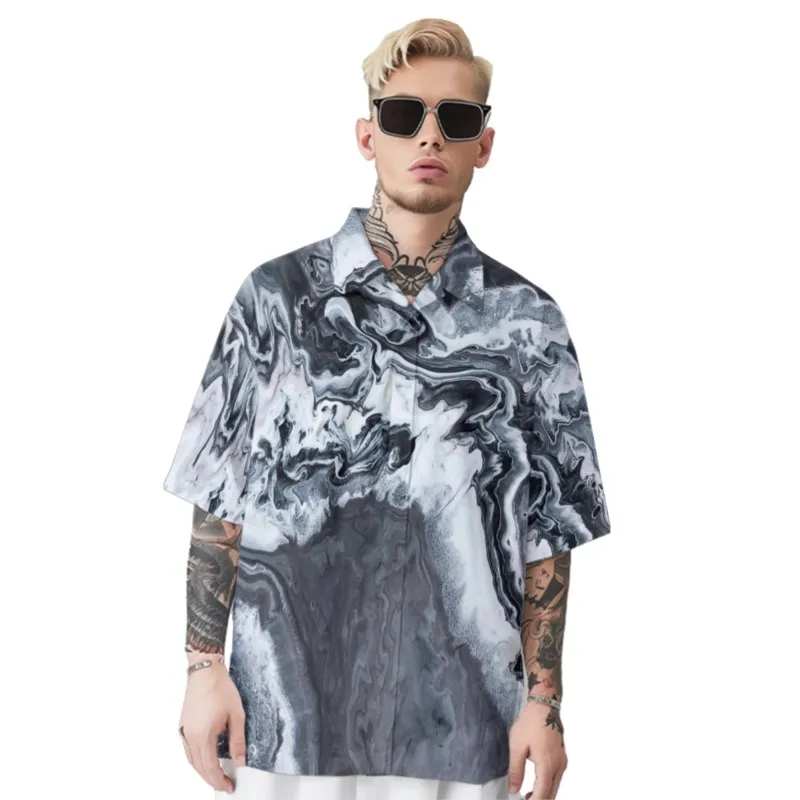 

Ocean Wave Print Men's Hawaiian Daily Chest Pocket Shirt Casual Short Sleeve Smart Business Shirt For Men