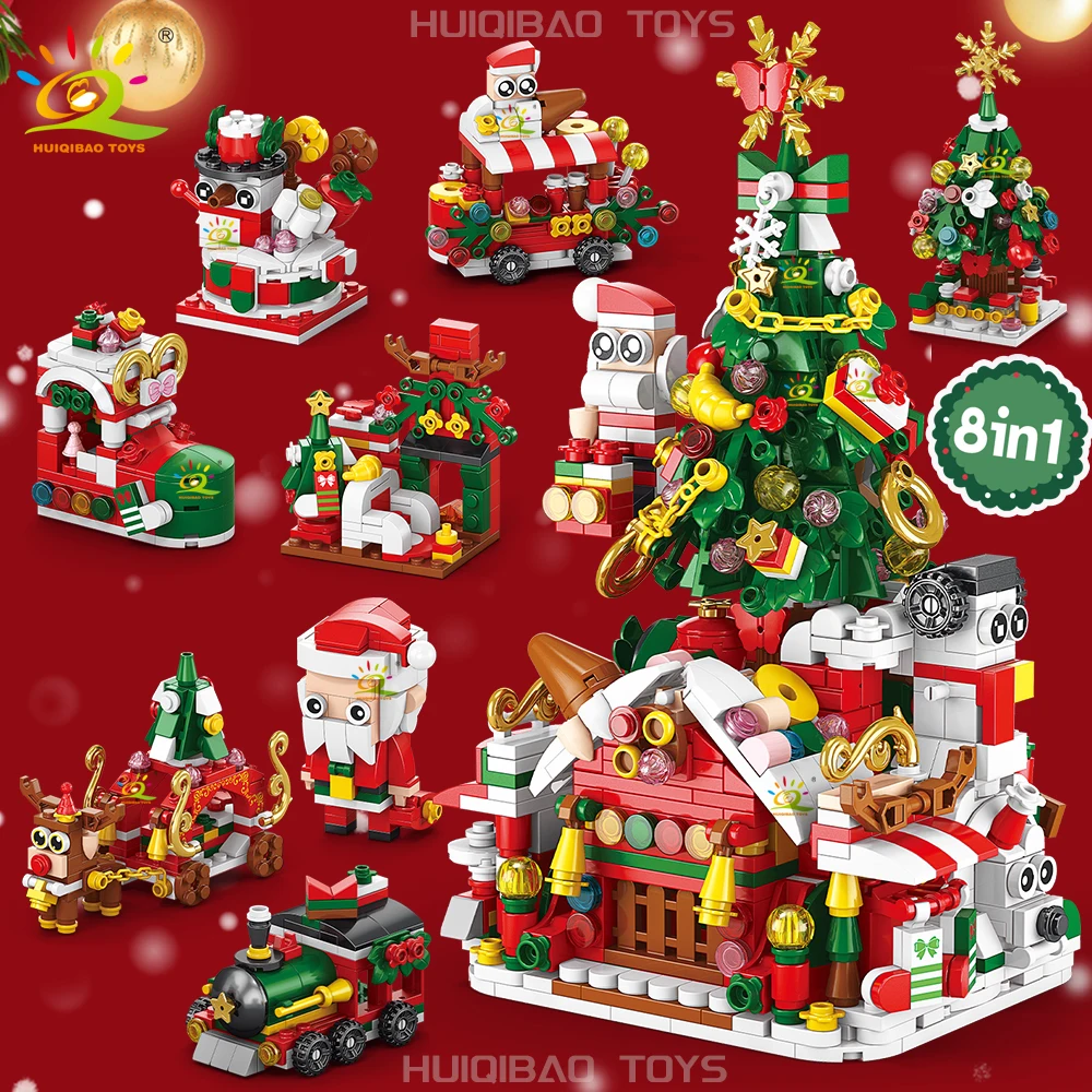 HUIQIBAO 8IN1 Christmas Santa Claus House Model Building Block DIY Elk Snowman Bricks Ornament Toys for Children Adult Gift