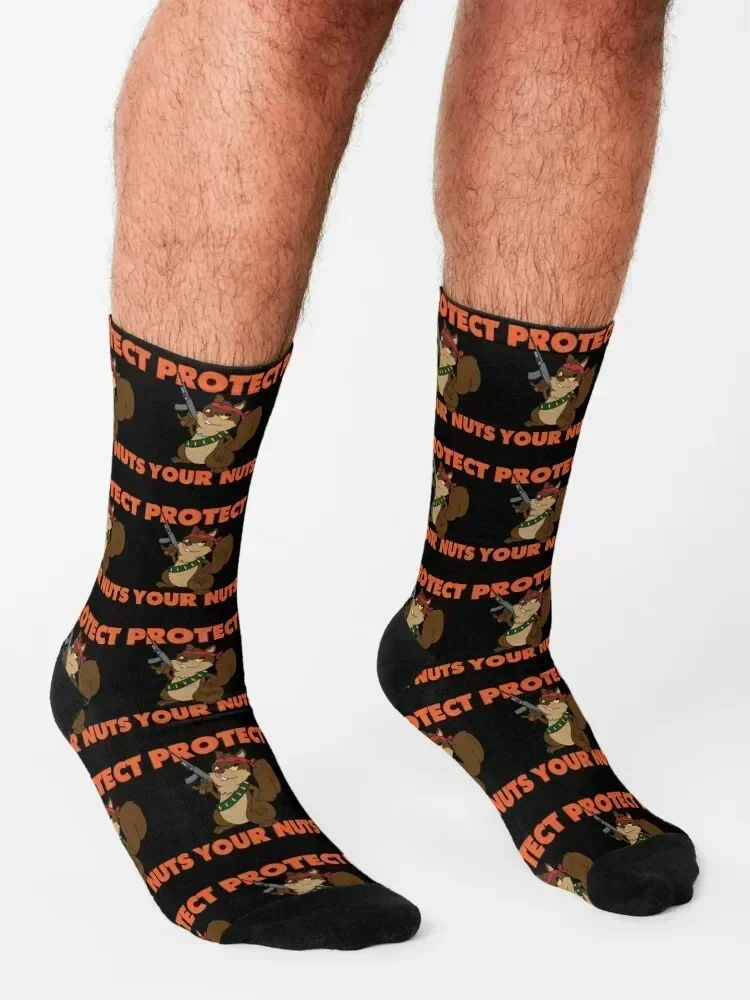 Funny Squirrel Hunting Gift Protect Nuts Gun Socks Rugby retro golf with print Socks Woman Men's