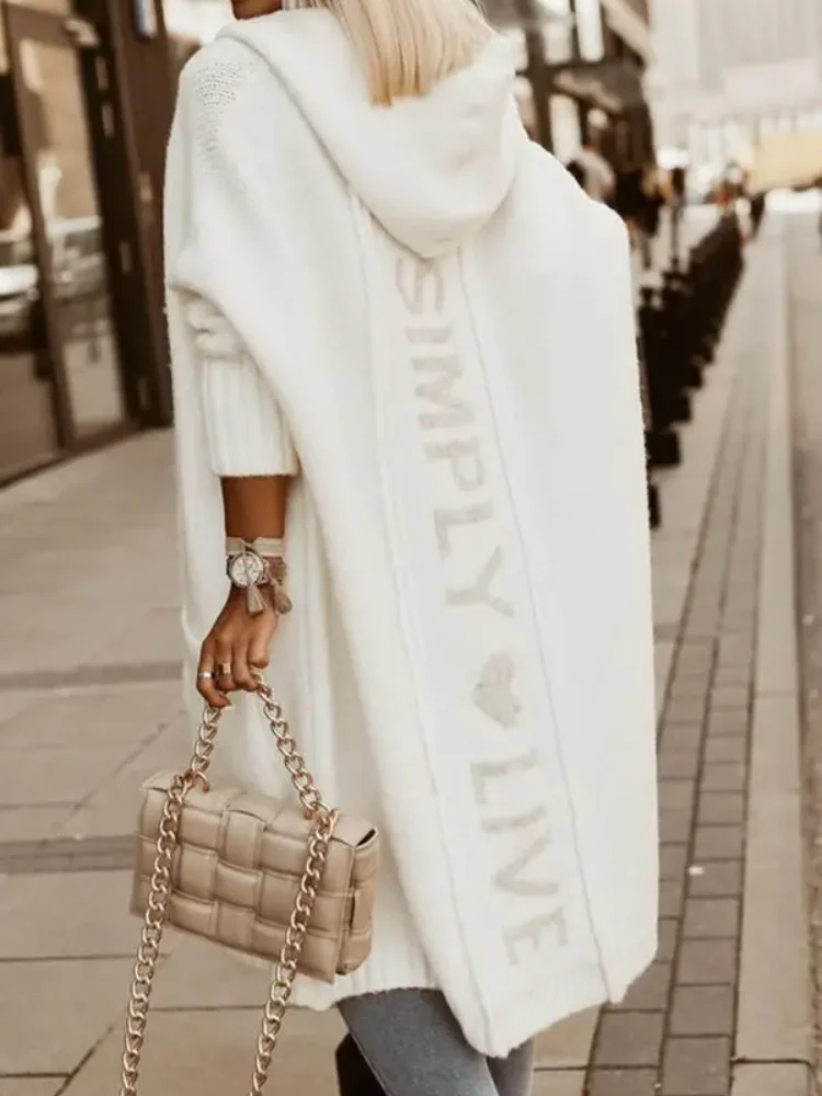 

Knitting Coat Long Cardigan Women Sweater Knitwear 2025 Autumn Winter Hooded Letter Print Pockets Outerwear Casual Knit Jacket