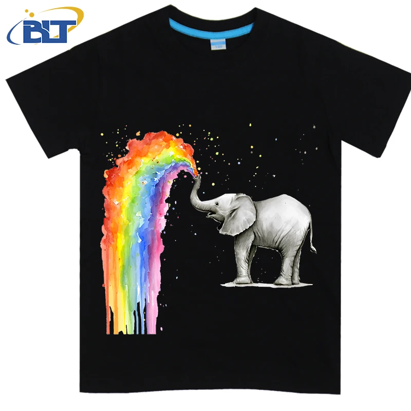 

Baby Elephant Spraying Rainbow printed kids T-shirt, summer cotton short-sleeved casual top, suitable for both boys and girls