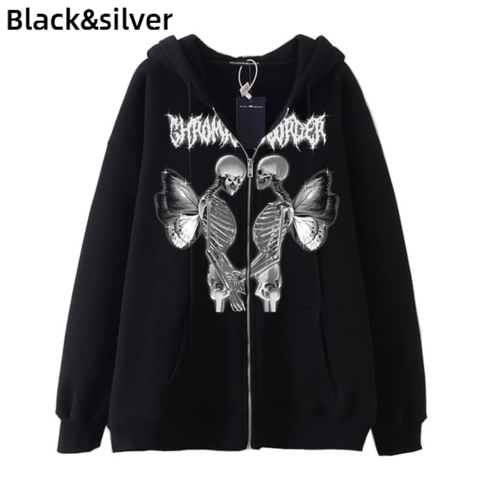 Hoodies Coat Womens Fun Skeleton Butterfly Patchwork Zip Up Hooded Jacket Loose Comfy Oversized Sweatshirt Girls Long Sleeve Top