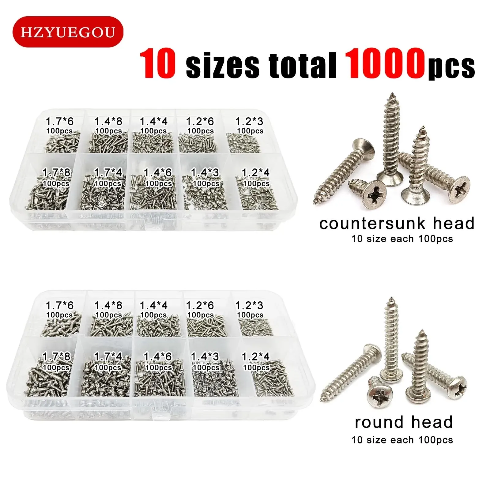 1000pcs Mini Micro Small Tapping Wood Screw Set Kit for Toy Car Electronic Products Glasses Phone M1.2 M1.4 M1.7 Stainless Steel