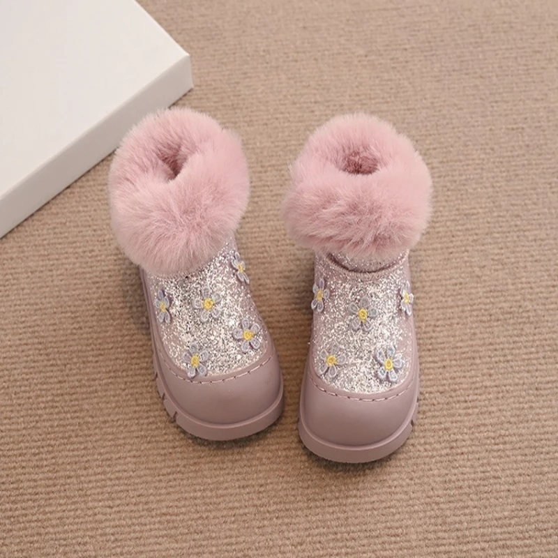 Sepatu Bot Salju Berpayet Putri Fashionable Musim Dingin 2025 Baru untuk Anak-anak, Sepatu Bot Ankle Bersol Tebal Sederhana Serbaguna, Sepatu Kasual Katun untuk Anak Perempuan