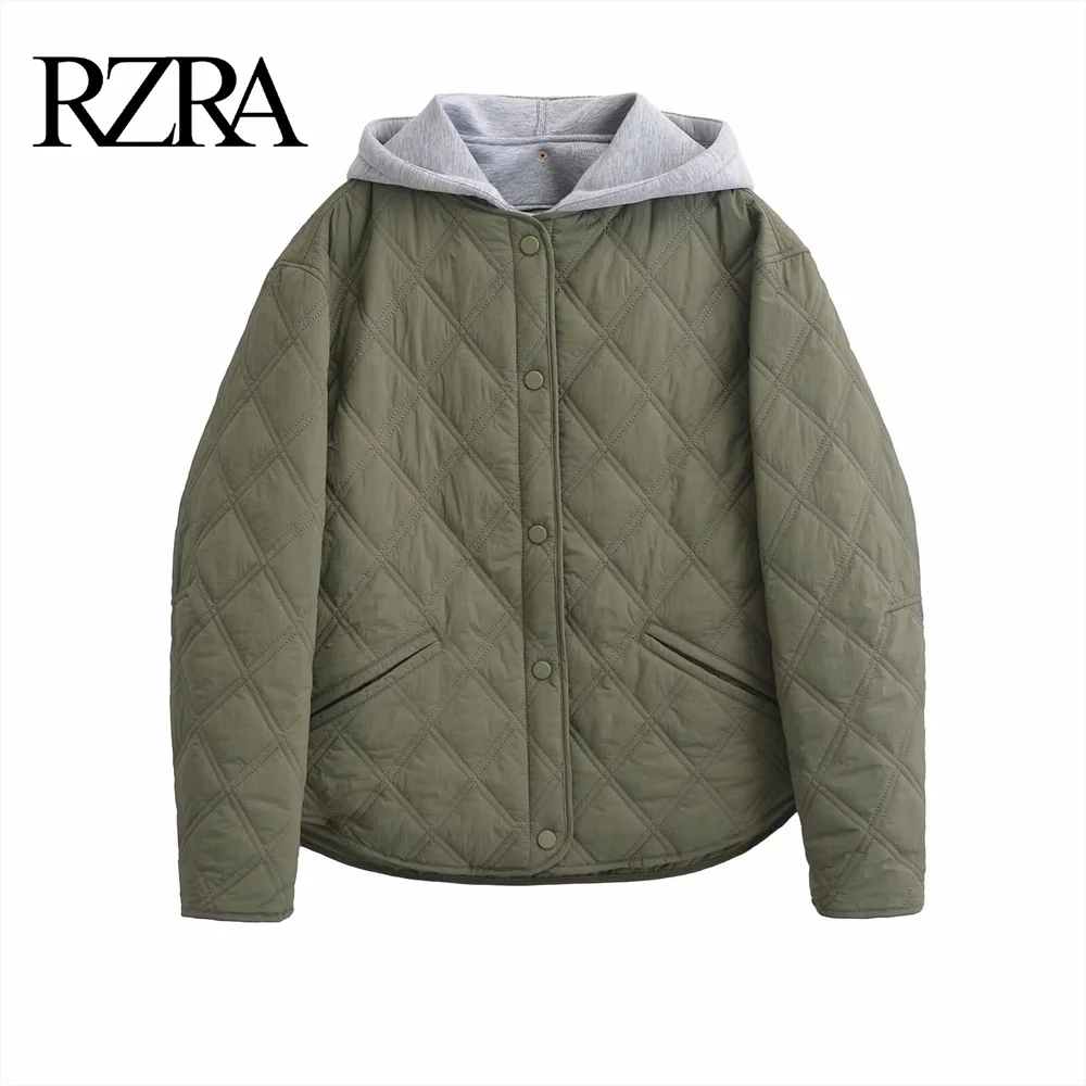 

2025 RZRA Spring New Women's Fashion Casual Hoodie with Diamond Grid Pattern Round Neck Long Sleeve Warm Cotton Jacket