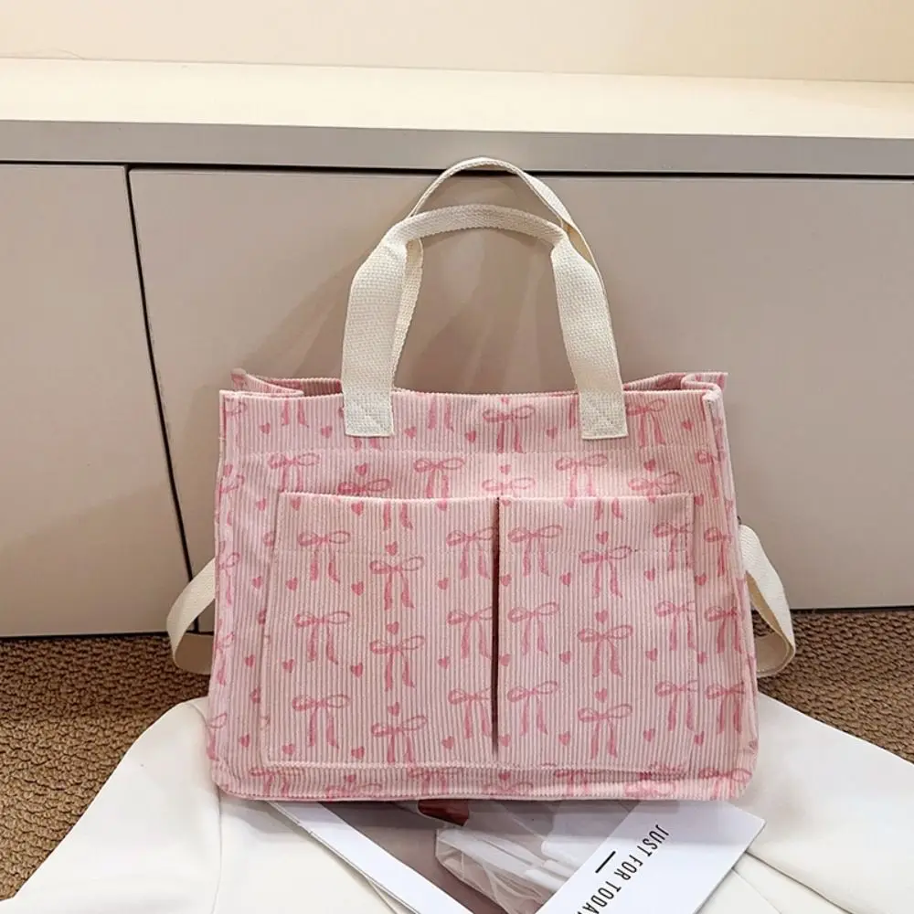 Fashion Large Capacity Bow Tote Bag Printied Cute Corduroy Handbag Korean Style Strawberry Women Shoulder Bag Girls/Female