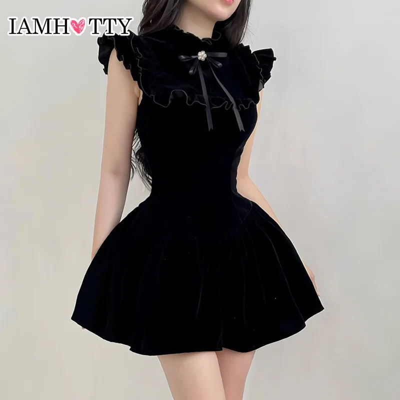 IAMHOTTY Elegant Flying Sleeve A-line Velvet Dress Black Sweet Japanese Style Sleeveless Princess Mini Dresses for Party Holiday